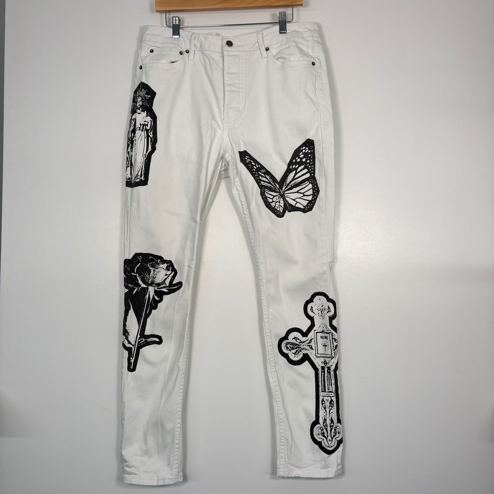 Ksubi Mens Jeans Sz 36 White Chitch Kut Out Graphic Patch Butterfly Rose Cross